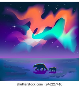 Three sitting between the bear look at the northern lights vector.