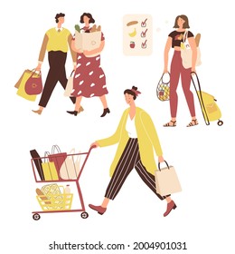 Three situations with people in supermarket. Couple with purchases, girl with bags checks  list, woman has shopping with trolley. Isolated on white background. Vector illustration. Flat style. 