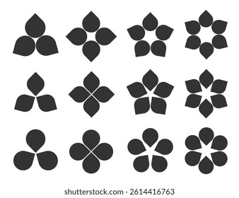 Three to six steps flower petal diagram set. Floral cycle shapes collection. Black infographic template for business data visualization.