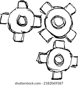 Three sixes are spinning. Freehand vector illustration.