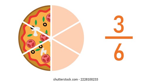 Three sixths pizza fractions. Fraction for kids. Pizza slices. Fraction fun with pizza. vector illustration isolated on white background.