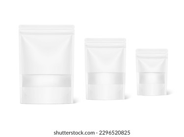 Three size stand up pouch bags with zipper mockup. Vector illustration isolated on white background. Front view. Realistic mockup will perfectly convey the benefits of your product. EPS10.	