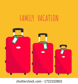 Three sizes of clean red suitcase clipart & text family vacation on journey or holiday cartoon vector. 3 cute luggage set & label tag or baggage bag collection flat design in airport. travel together 
