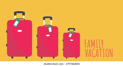 Tres tamaños de maleta roja limpia clipart y vacaciones familiares de texto en viaje o vectores de dibujos animados de vacaciones. 3 juego de equipaje lindo y diseño plano de etiqueta o bolsa de equipaje en el aeropuerto. viajar juntos