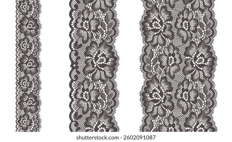 Three sizes of lace border with an alternating pattern of large and small flowers