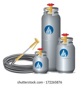 Three sizes of propane gas with rubber tube on white background , vector illustration