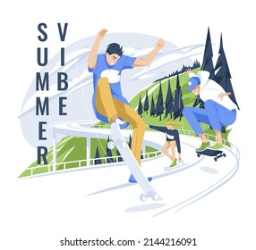 Three skateboarders do tricks on a country highway. Hilly landscape with fir trees in the background. Summer mood. Flat vector illustration