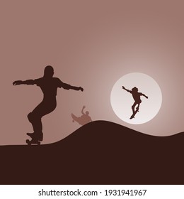 three skateboarders jumping on a ramp in the evening with brown gradient shade background illustration vector.
