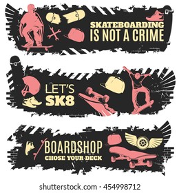 Three skateboarding banner set with descriptions is not a crime let and boardshop chose your deck vector illustration
