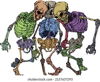 Tres esqueletos bailando, ilustración dibujada a mano alzada, de color digital
