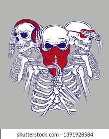 Three skeletons pose as three wise monkey 
See nothing  hear nothing  say nothing
