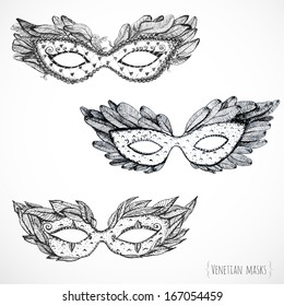 Three sketch festive venetian masks isolated on white background. Vector illustration. 