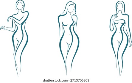 Tres figuras femeninas dibujadas en diferentes poses, mostrando contornos corporales y líneas sobre un fondo blanco liso.