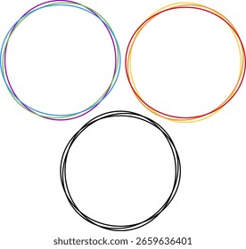 three sketchy, overlapping circles. rainbow colored outlines,  warm hues (red, orange, yellow), and black.