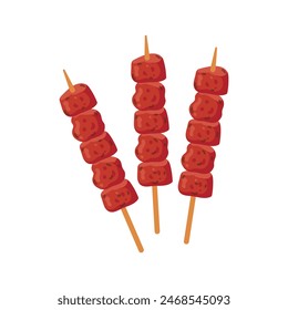 Three skewers of grilled meat in a simplistic, colorful illustration style on a white background.