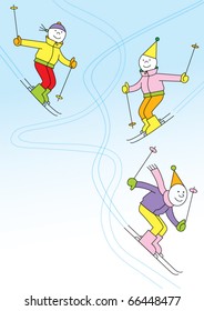 Three skiers on the slopes, place for text