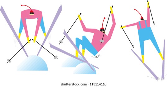 Three skiers performing different stunts