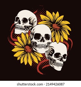 three skull head and sunflower