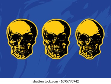 Three skull heads in yellow and black on a blue background vector punk grunge art