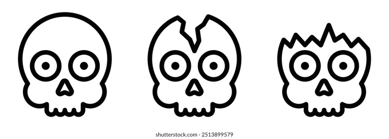 Three skull icons in outline style with different facial expressions. Vector illustration of spooky and creepy elements. Editable stroke.