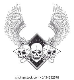 three skull with roses into a diamond with wings drawn in black and white tattoo icon vector illustration graphic design