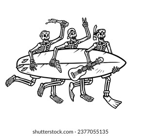 three skulls carrying surfboards line illustration
