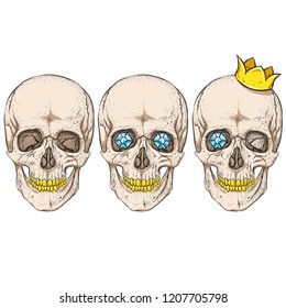 Three skulls. Golden teeth, crown.