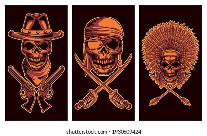 estilo dibujado de tres cabezas de cráneo