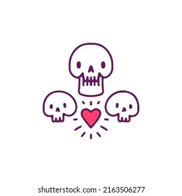 Three skulls with heart, illustration for t-shirt, sticker, or apparel merchandise. With doodle, retro, and cartoon style.