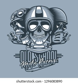 Three skulls riders in helmets and text, Old School Moto Racers. Monochrome tattoo style.