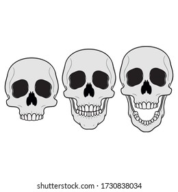 three skulls. without jaw, with closed jaw and open jaw. Set, isolated, animation, comic.