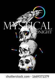 Three Skulls without lower jaw and Crow. Mystical midnight – lettering quote. Creative Mystic occulture poster, t-shirt composition, hand drawn style print. Vector illustration.