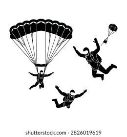 Three skydivers in freefall with one parachute open recreational extreme sport