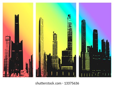Three skyscrapers silhouette against gradient background (vector, illustration)
