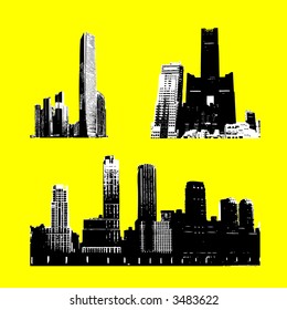 Three skyscrapers silhouette against yellow background (vector, illustration)