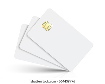 three slanting white blank chip cards, isolated white background, 3d illustration