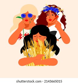 Three Slavic girls. Beautiful women of the Slavic people. They hold the symbols of the stork, cornflowers and wheat. Isolated vector illustration for a postcard.