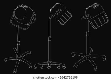 Three sleek black and white salon hair dryers in a modern triangular arrangement, with the tallest in the center and two smaller ones on each side. The glossy finish and minimalist design