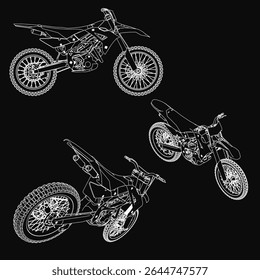 Three sleek dirt bikes with aerodynamic designs stand out against a black background. The largest bike is centered, flanked by two smaller ones, all featuring low-slung frames and wide handlebars.
