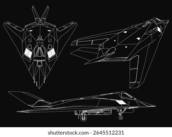 Three sleek fighter jets in black and white, arranged in a triangular formation against a dark background. The largest jet dominates the center, flanked by two smaller jets with pointed noses