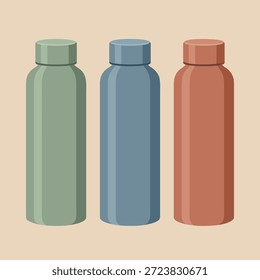 Three sleek, modern reusable water bottles, each a different color: sage green, slate blue, and terracotta orange, standing side-by-side against a neutral background.