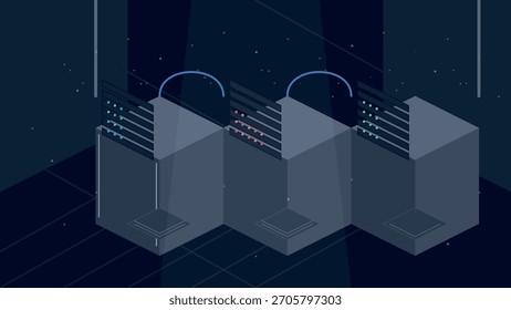 Three sleek server racks are displayed in a dark environment, with colorful lights indicating activity. This setup highlights modern data center technology for improved performance.