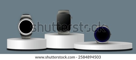 Three sleek smartwatches displayed on pedestals against a gray background in a minimalistic showcase setting.