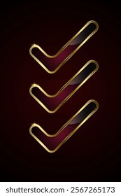 Three sleeks golden checkmark with a glossy black and deep red gradient interior. Three small glowing sparkles is visible at the top corner, emphasizing elegance