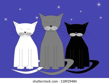 three sleeping cats on a blue background