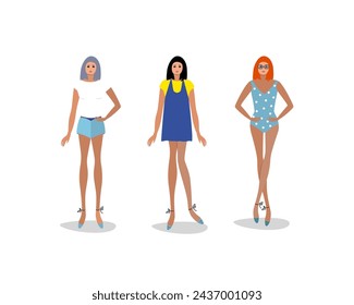 Tres chicas esbeltas en ropa de verano - traje de baño, vestido de sol, ropa de playa, playa. Ilustración vectorial plana.