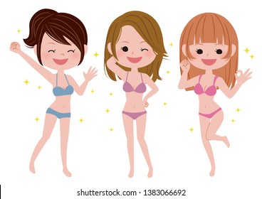 Three slender women in swimsuits.