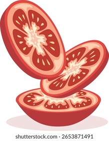 Três metades de tomate fatiadas empilhadas uma em cima da outra, apresentando as sementes e o interior suculento do vegetal vermelho maduro.