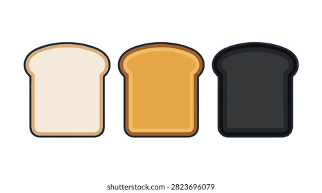Three slices of bread with varied colors, showcasing fresh, toasted, and dark styles, ideal for breakfast or bakery themes.