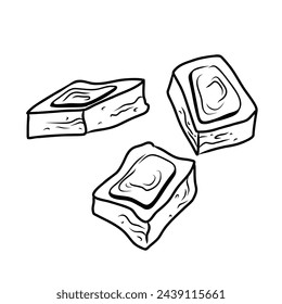 three slices of chocolate bar, black line on white background